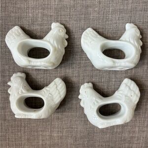 White Ceramic Rooster Napkin Rings Set